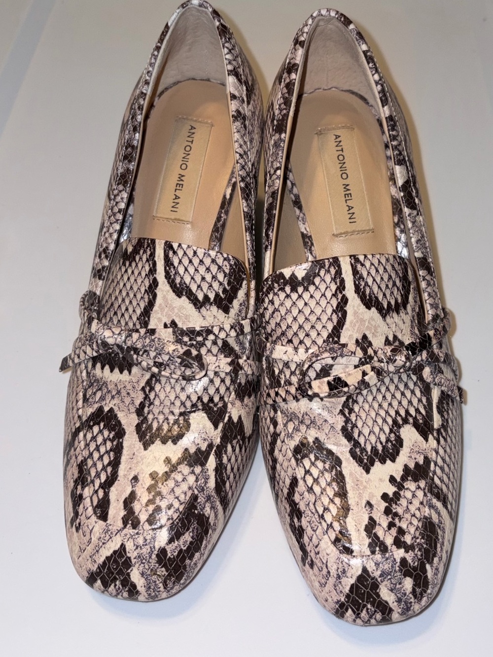 ANTONIO MELANI Snake Print Loafers in Beige and Black